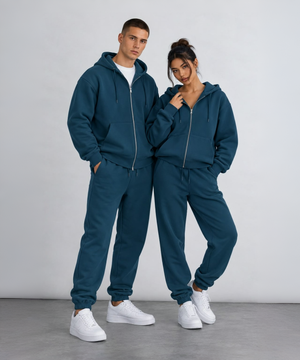 Petrol Mavisi Tam Fermuarlı Sweatshirt Petrol Mavisi Eşofman Altı Takım