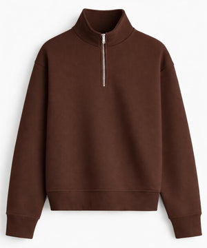 Kahverengi Q-zip Yarım Fermuarlı Sweatshirt