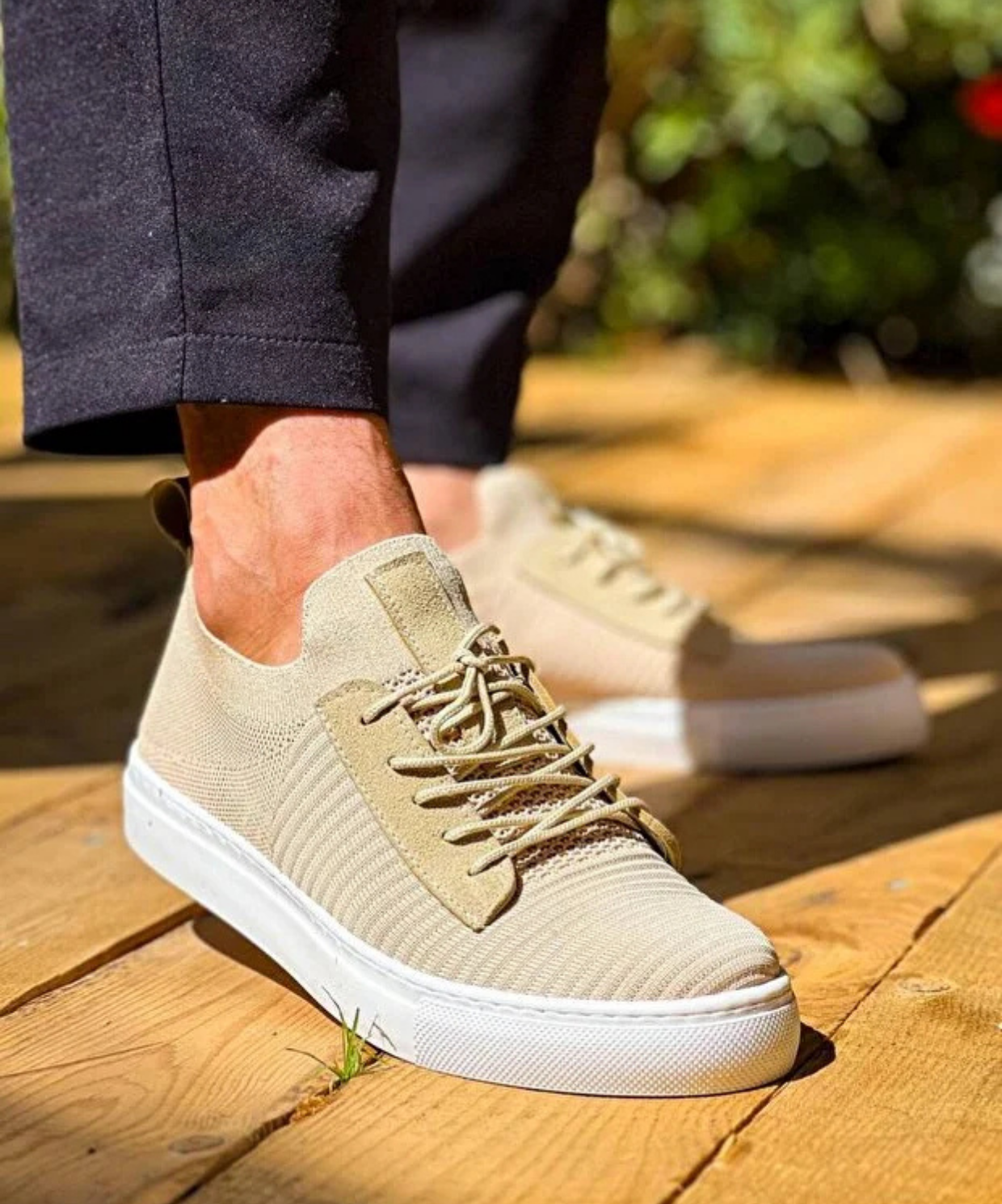 Bağcıklı Ortopedik Taban Triko Erkek Sneaker Ayakkabı Bej