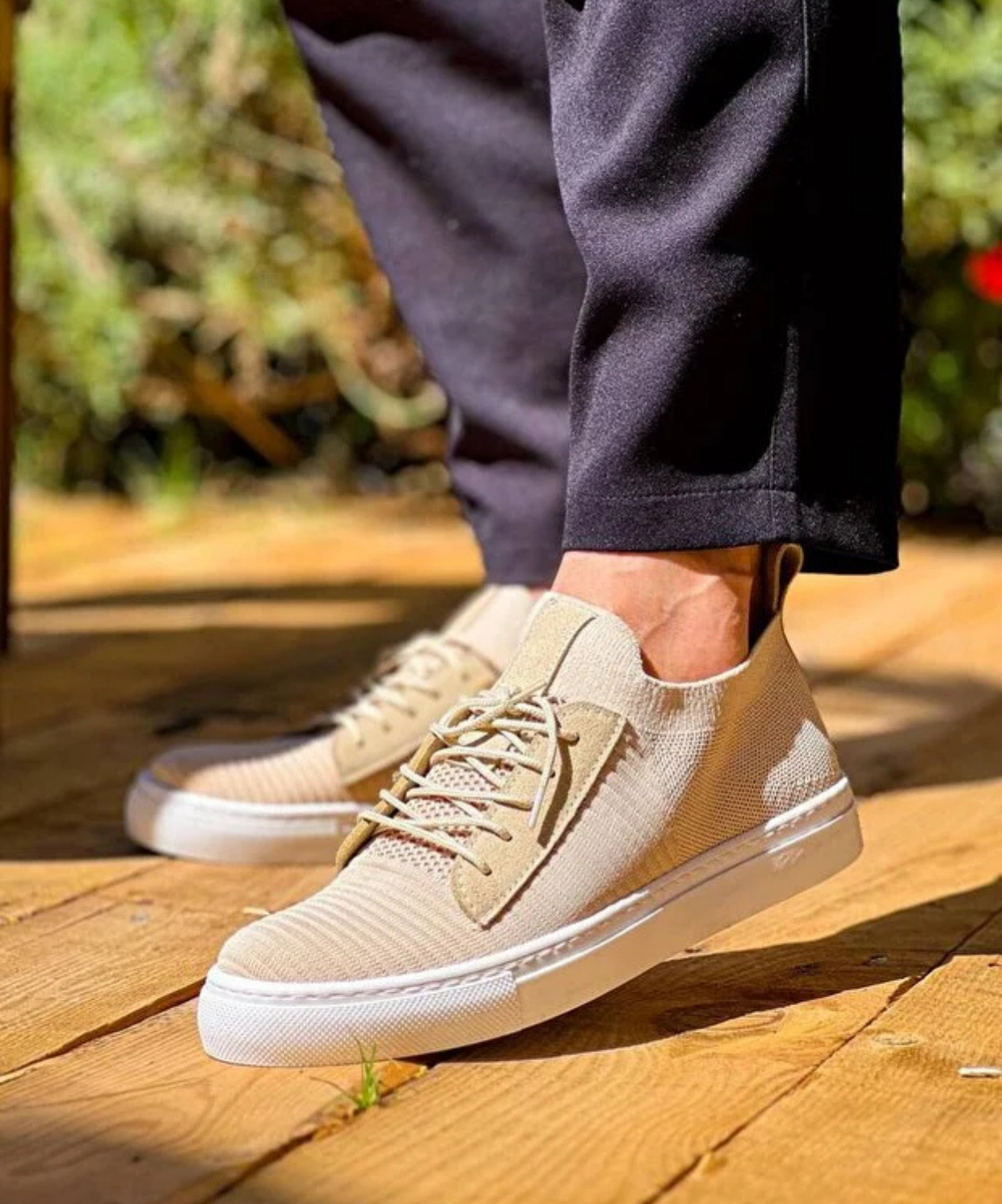 Bağcıklı Ortopedik Taban Triko Erkek Sneaker Ayakkabı Bej