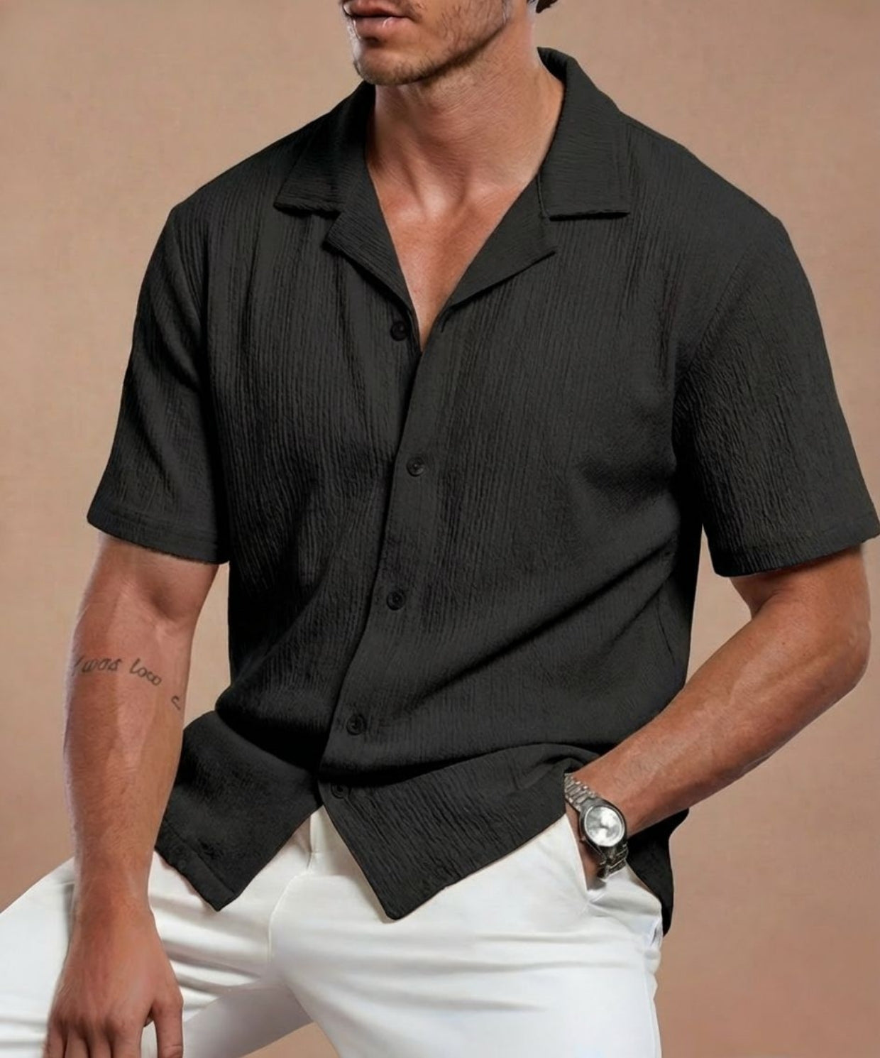 Erkek Siyah Kısa Kollu Bürümcük Gömlek