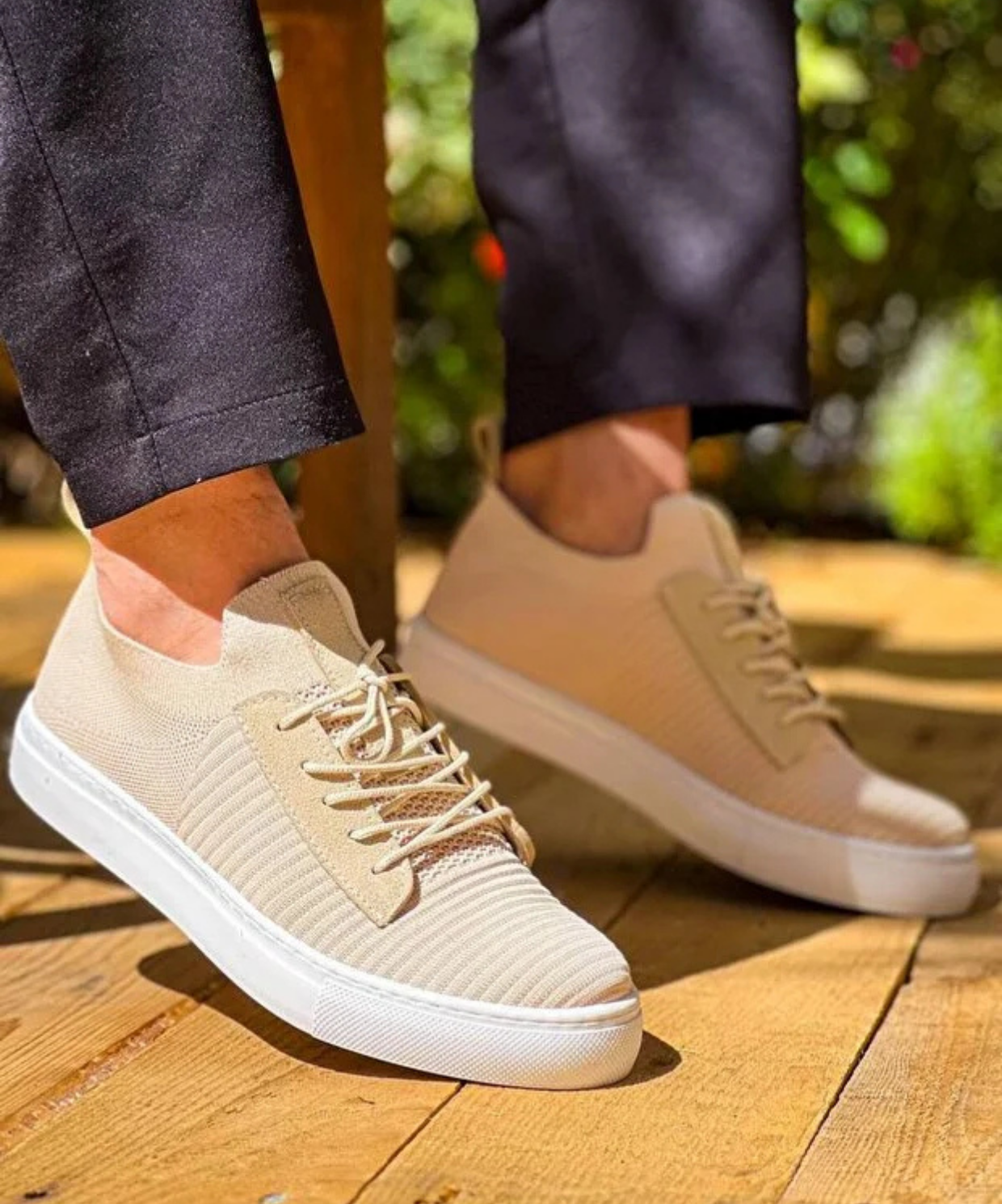 Bağcıklı Ortopedik Taban Triko Erkek Sneaker Ayakkabı Bej