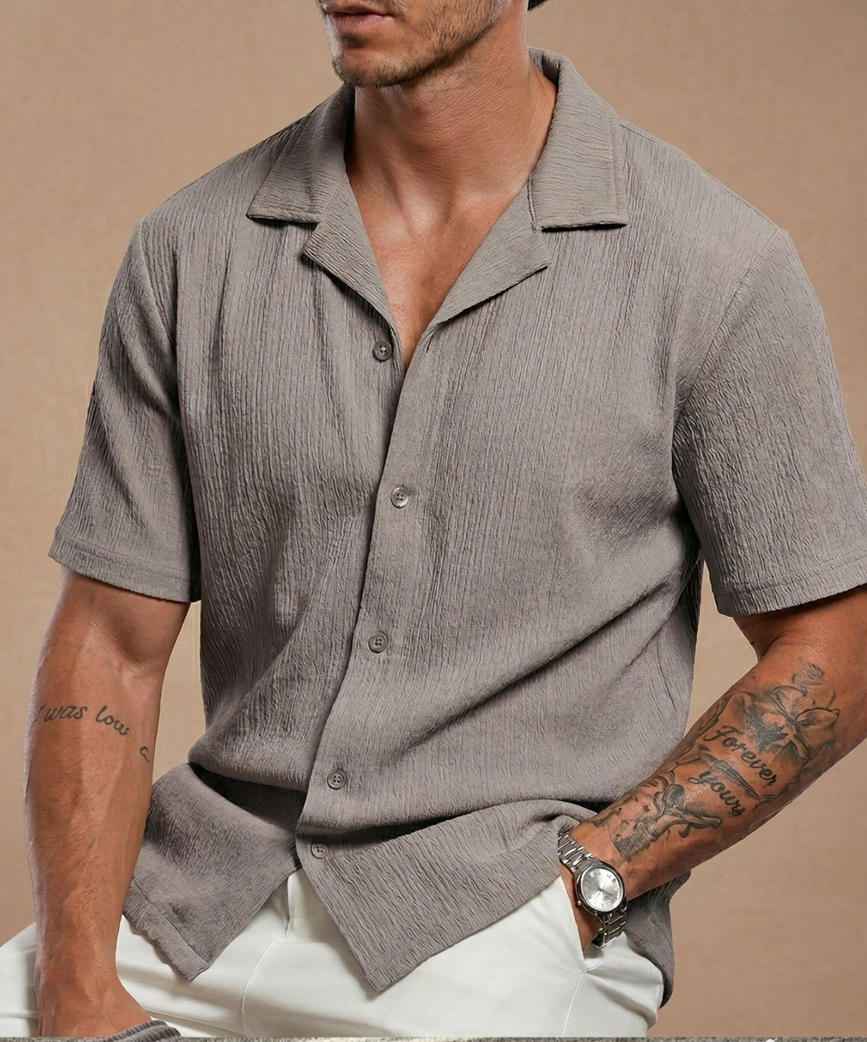 Erkek Gri Kısa Kollu Bürümcük Gömlek