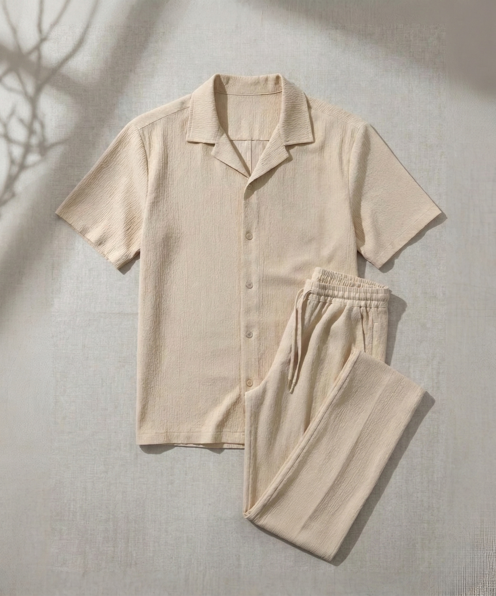 Erkek Bej Kısa Kollu Gömlek/Pantolon Bürümcük Takım