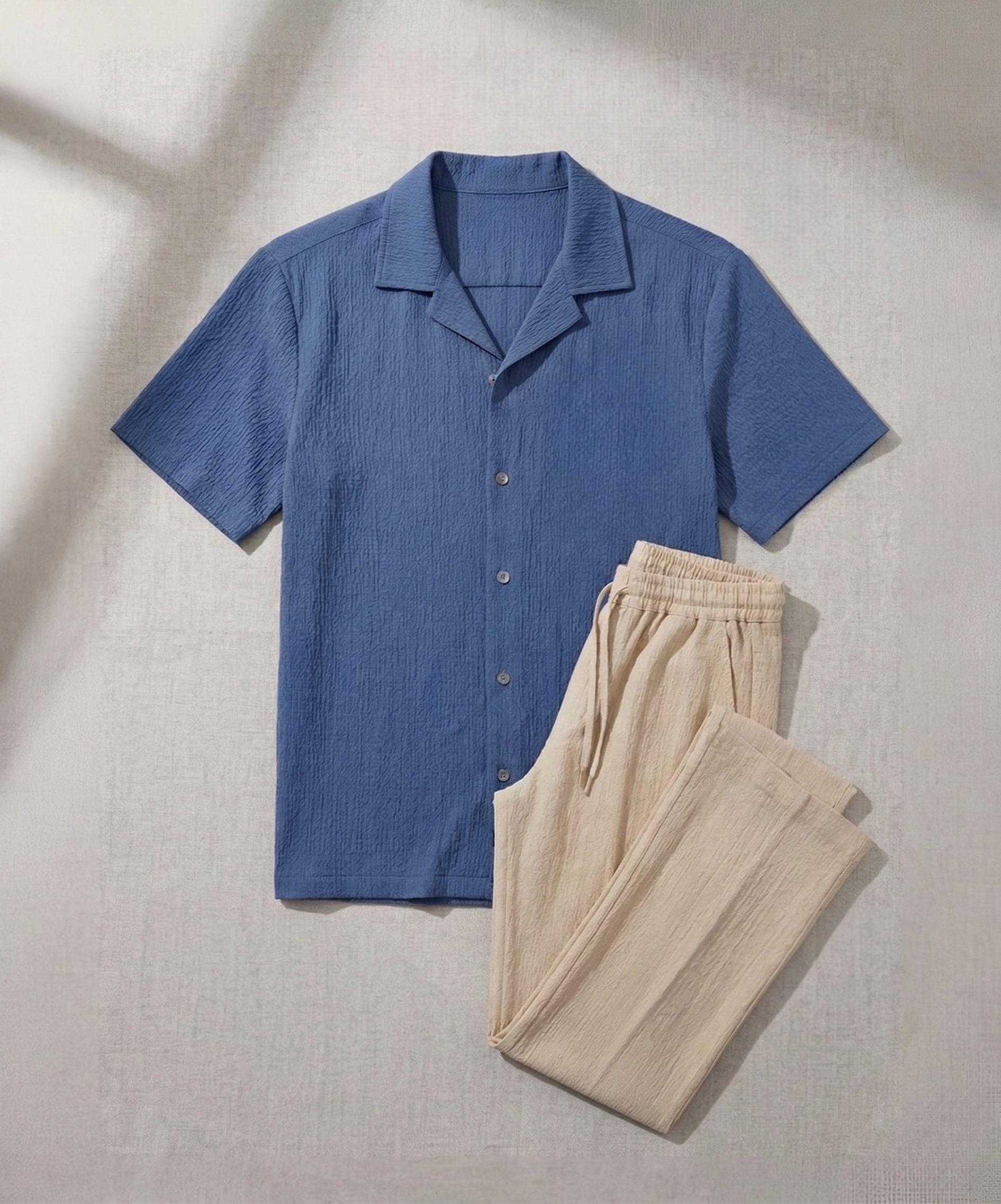 Erkek Kısa Kollu Mavi Gömlek Bej Pantolon Bürümcük Takım