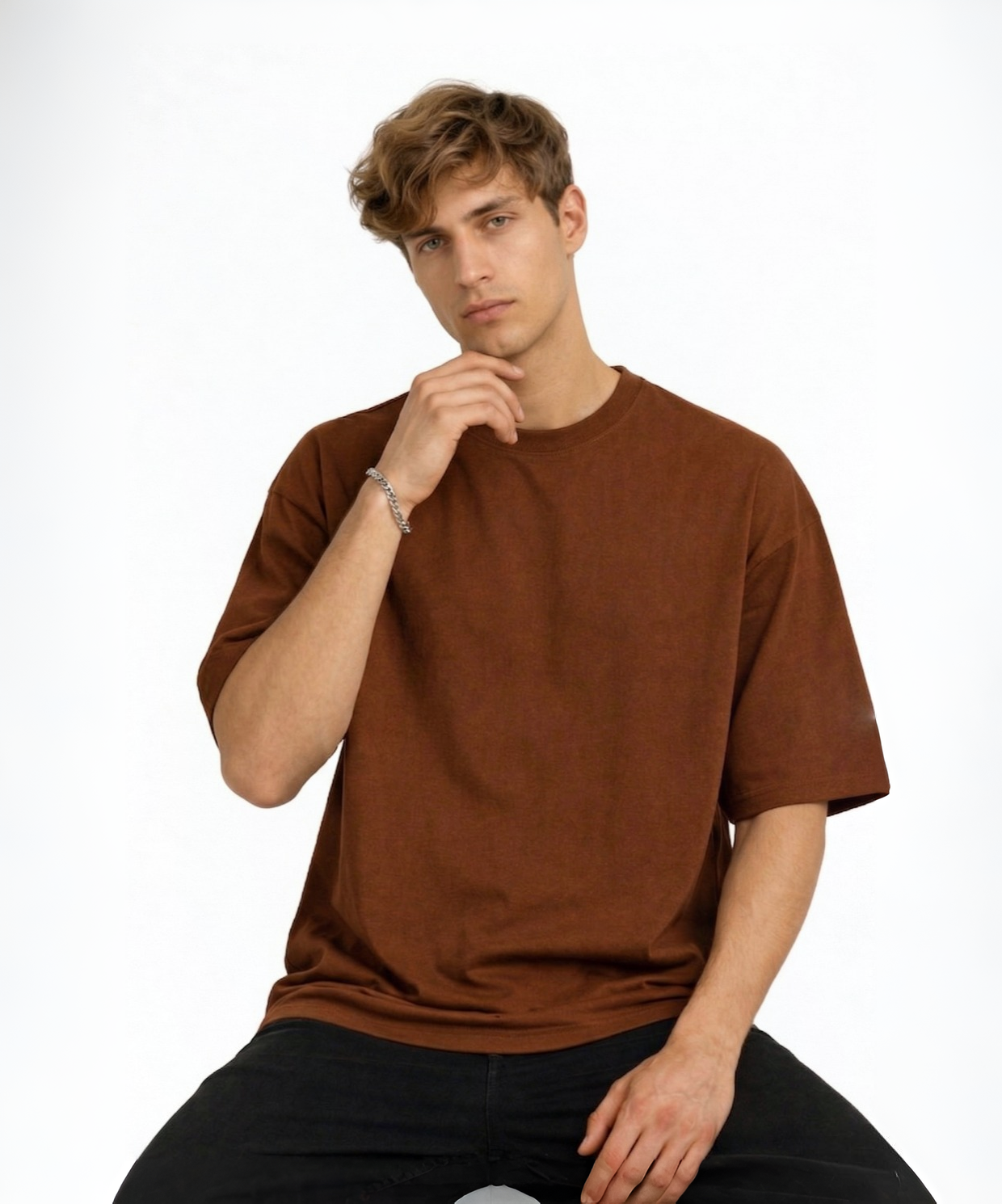 Erkek Oversize Basic Kahverengi Tişört