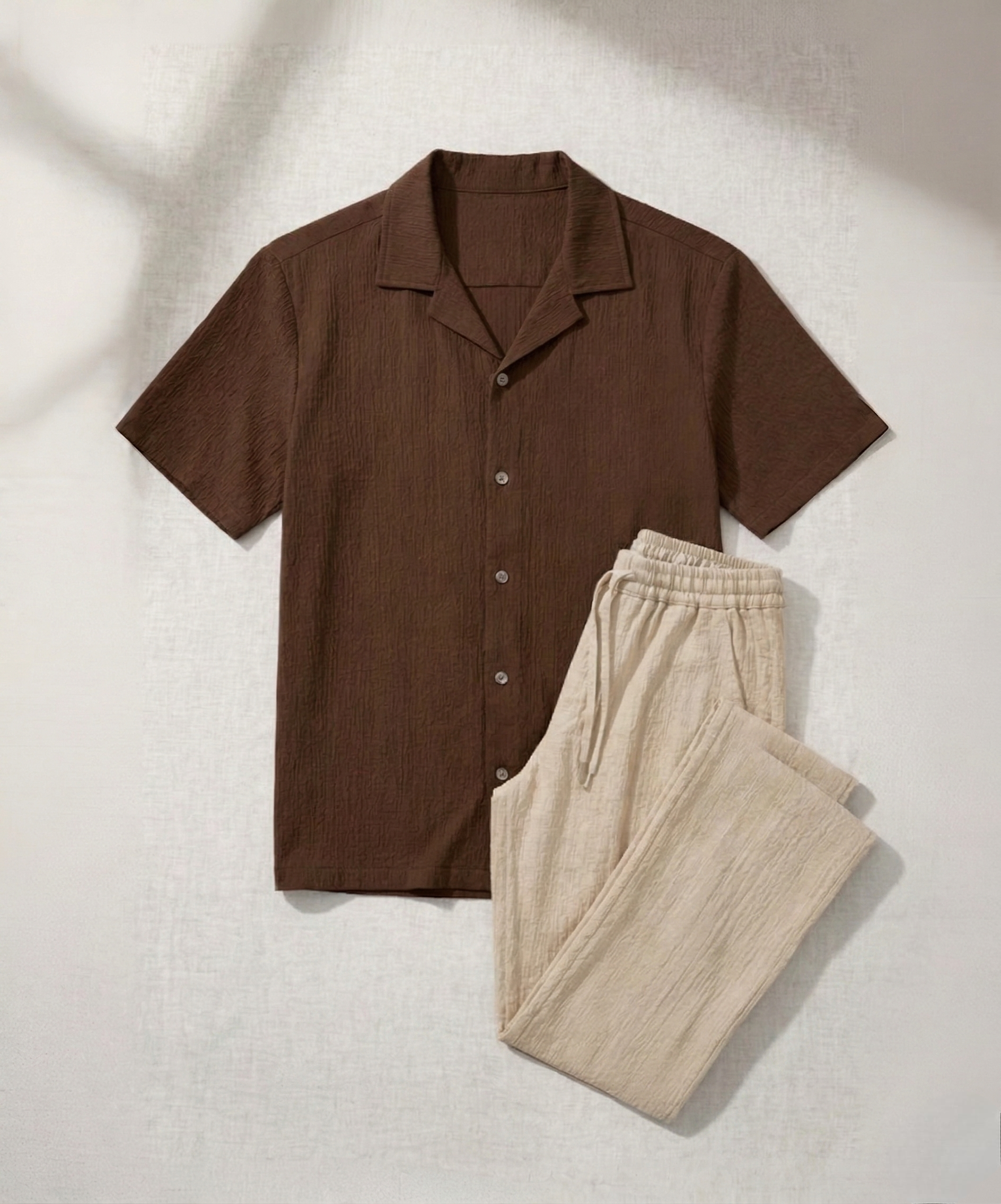 Erkek Kısa Kollu Kahverengi Gömlek Bej Pantolon Bürümcük Takım