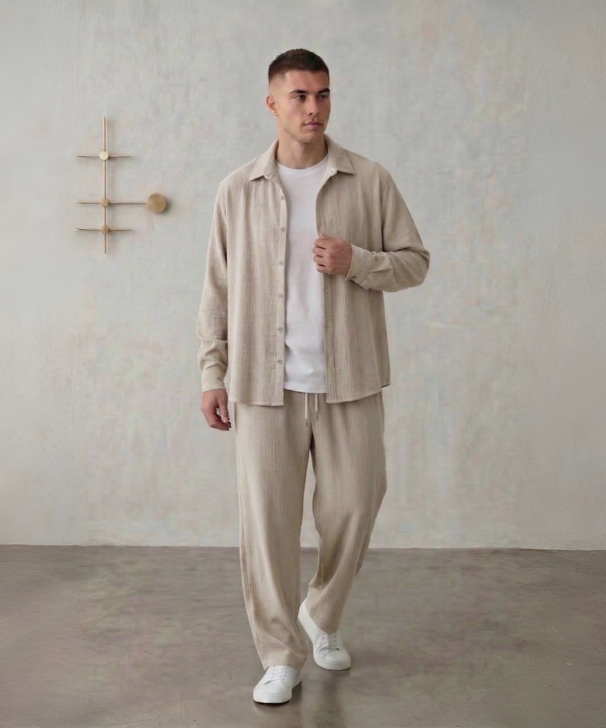 Erkek Bej Uzun Kollu Gömlek/Pantolon Bürümcük Takım