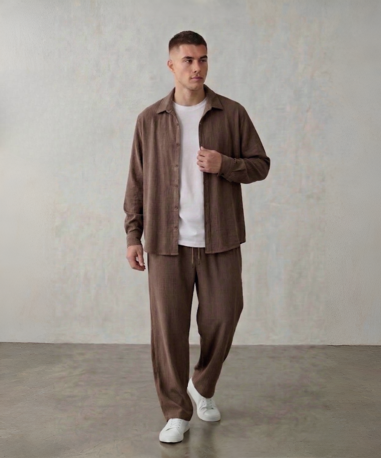 Erkek Kahverengi Uzun Kollu Gömlek/Pantolon Bürümcük Takım