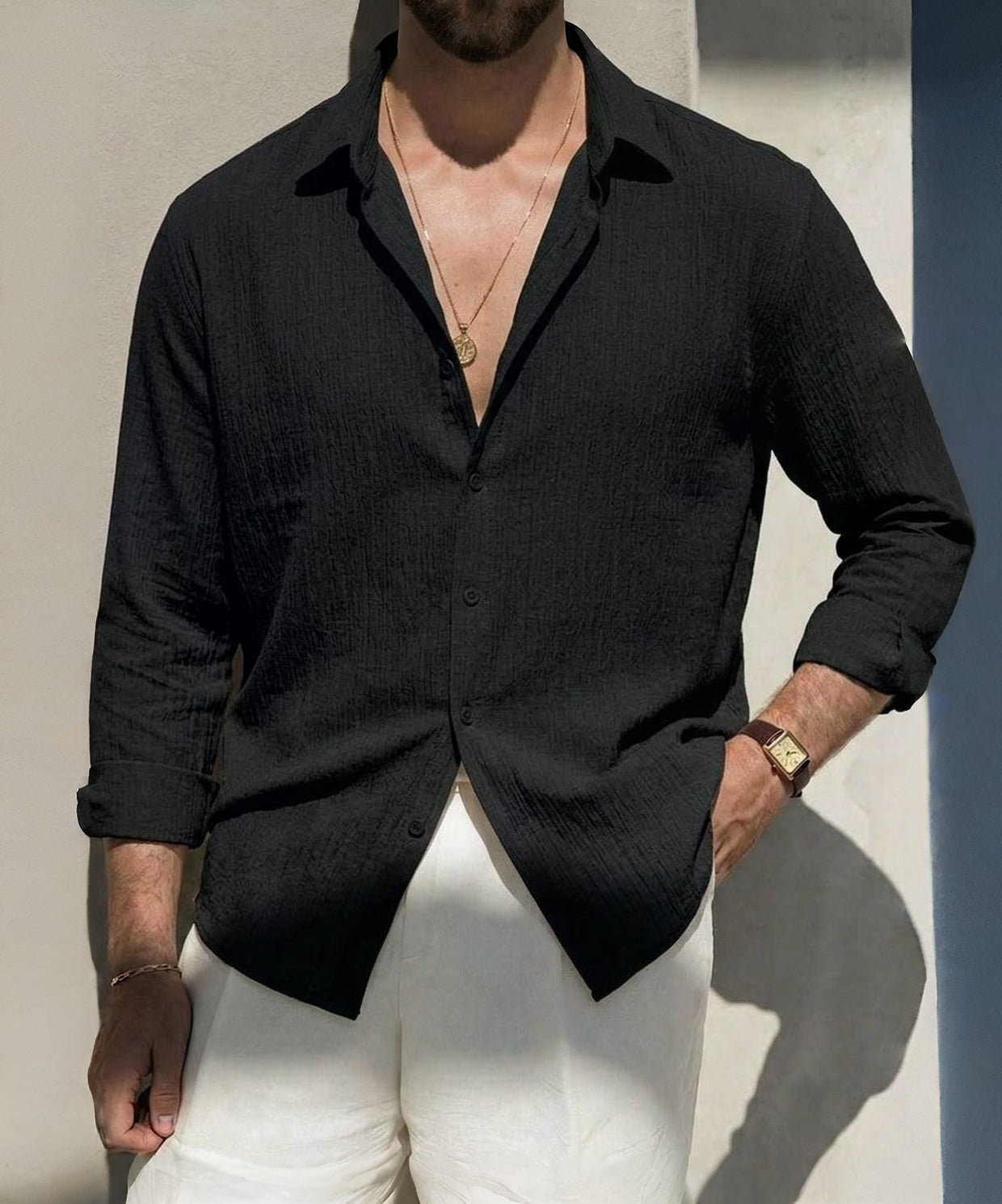 Erkek Siyah Uzun Kollu Bürümcük Gömlek