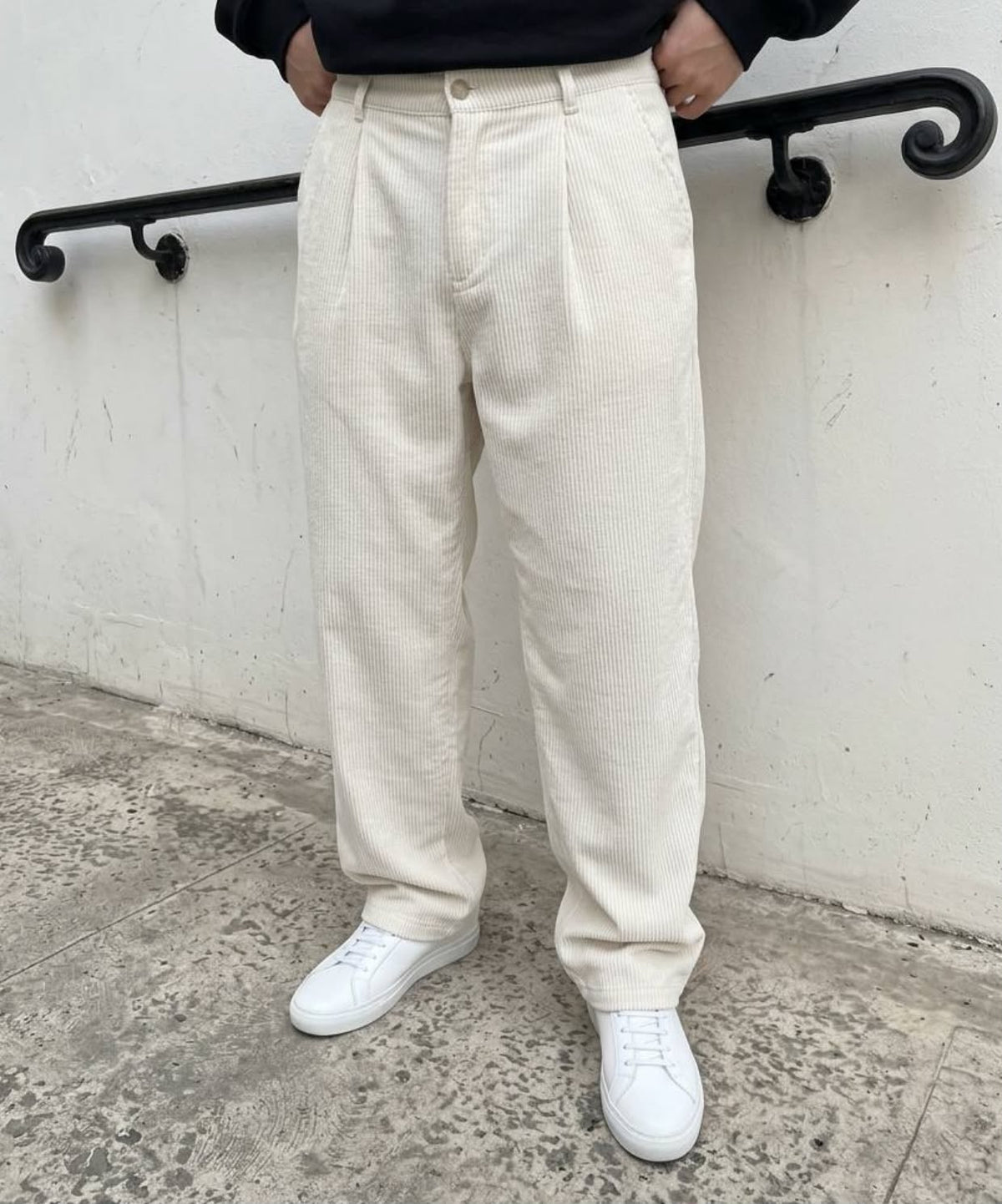 Erkek Krem Kadife Baggy Pantolon