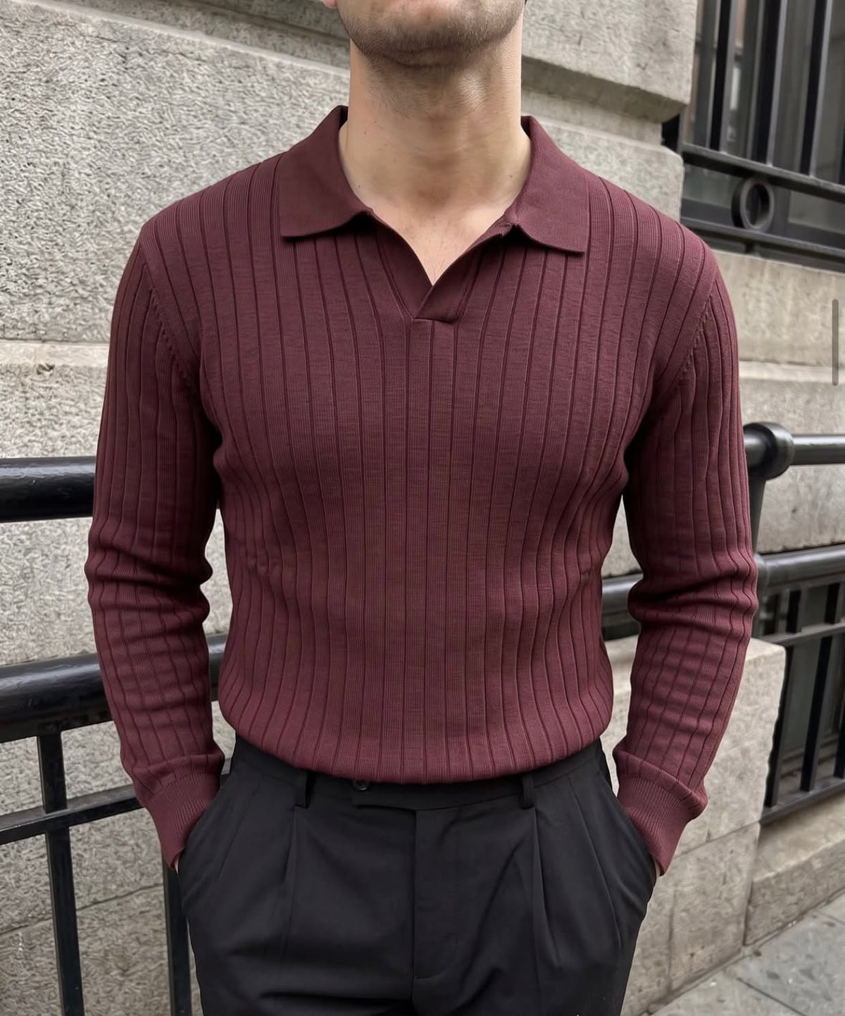 Erkek Bordo Polo Yaka Örme Triko Kazak